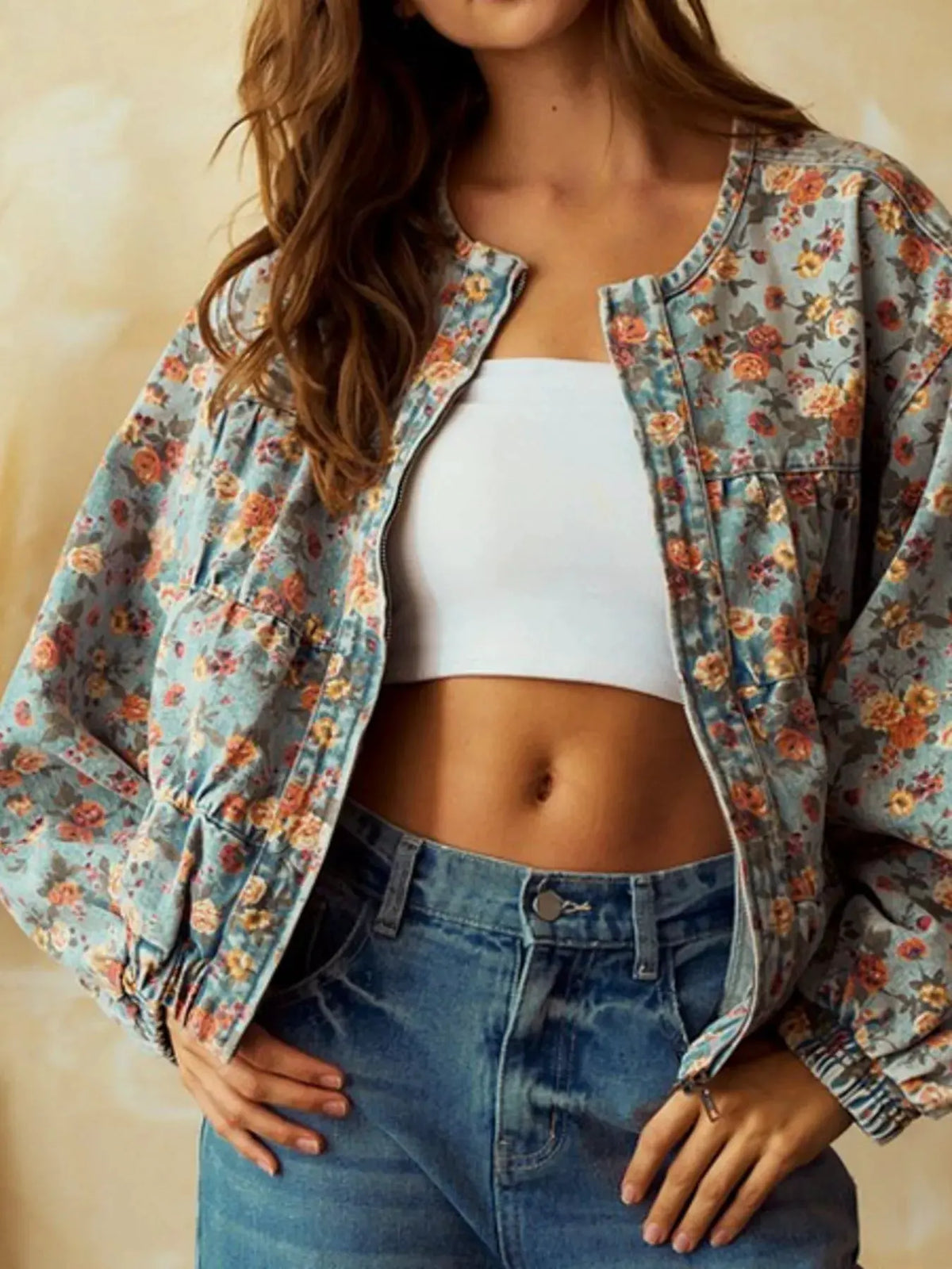 Floral Print Zip Up Cropped Denim Jacket by Partner Label