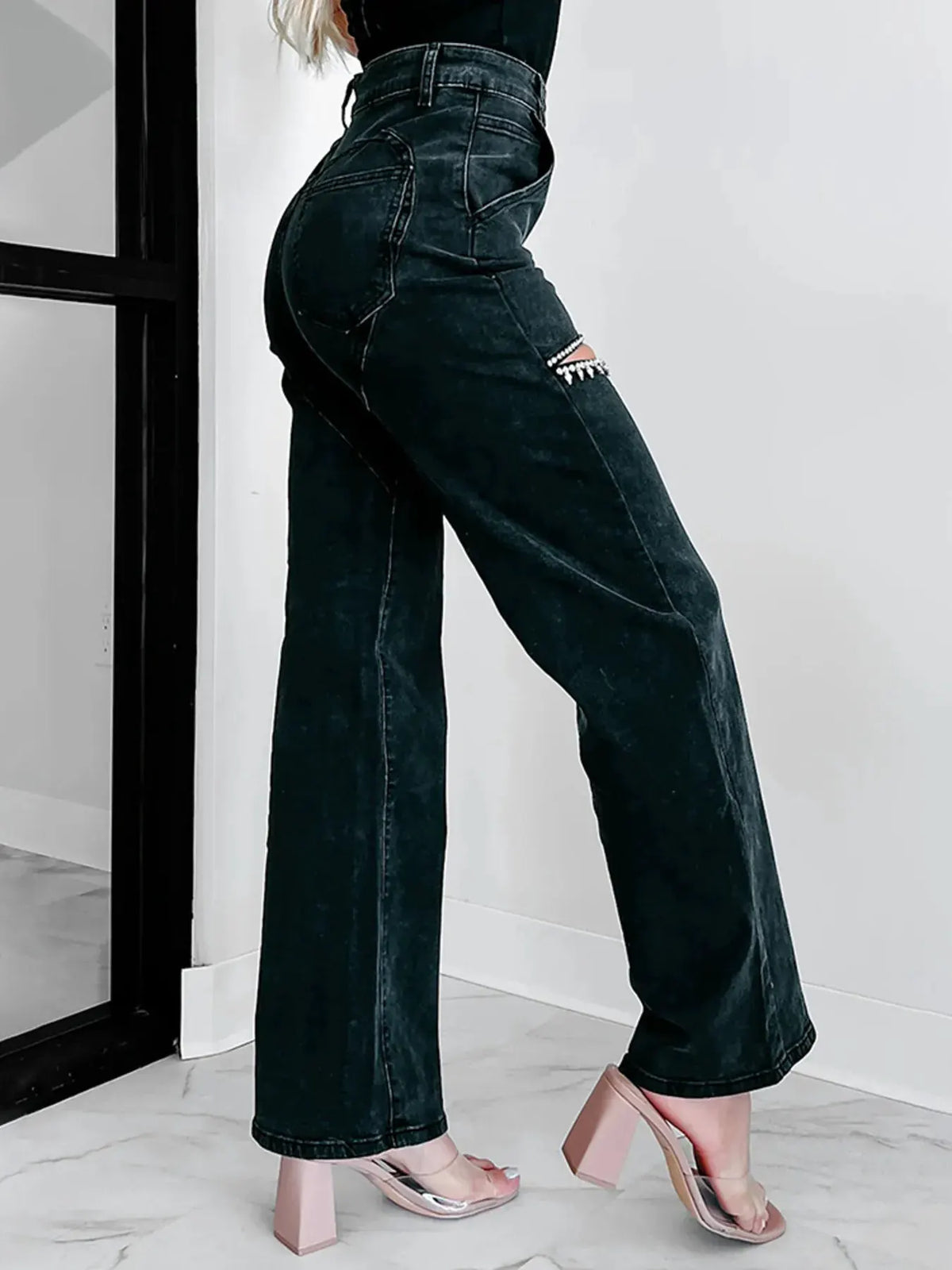 Ripped Wide Leg Wash Denim Jeans by Partner Label