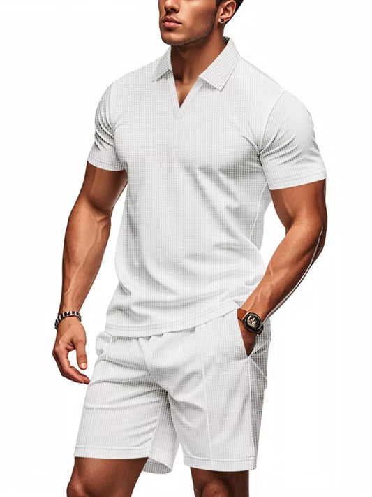 Men's Full Size Textured Short Sleeve Polo and Shorts Set Plus Size by Trendsi