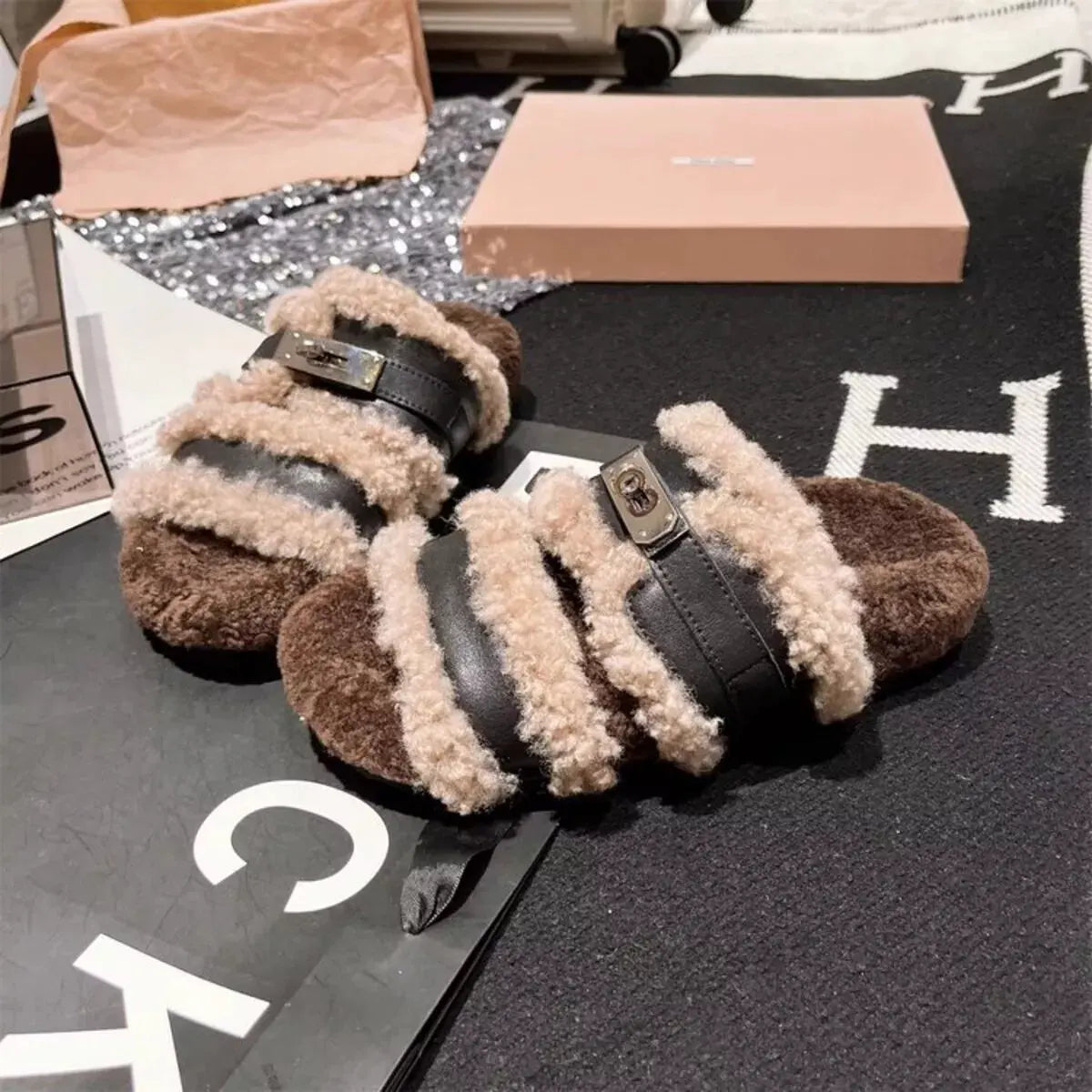Fuzzy Buckle Accent Plush Slippers by Partnel Label