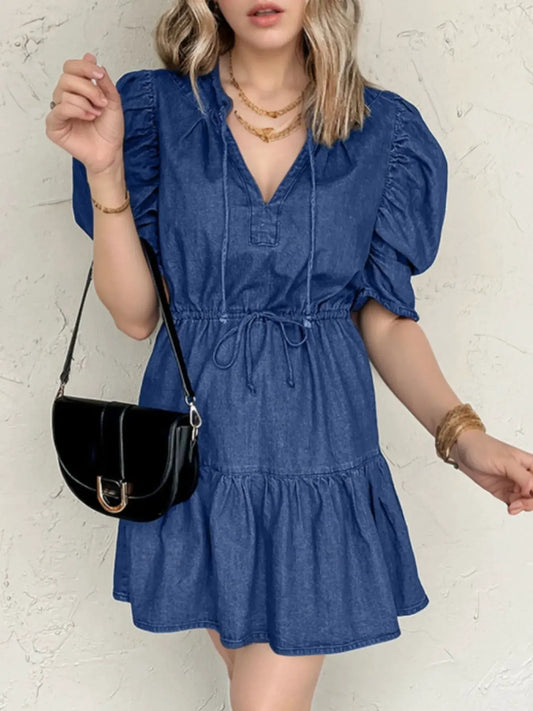 Drawstring High Waist Puff Sleeve Denim Mini Dress by Partner Label