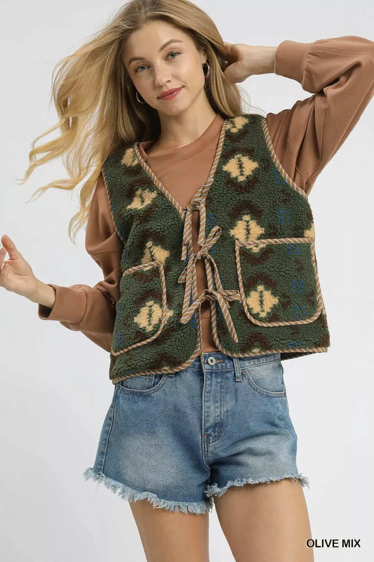 Umgee Mix Patterned Sherpa Tie-Front Vest by Umgee