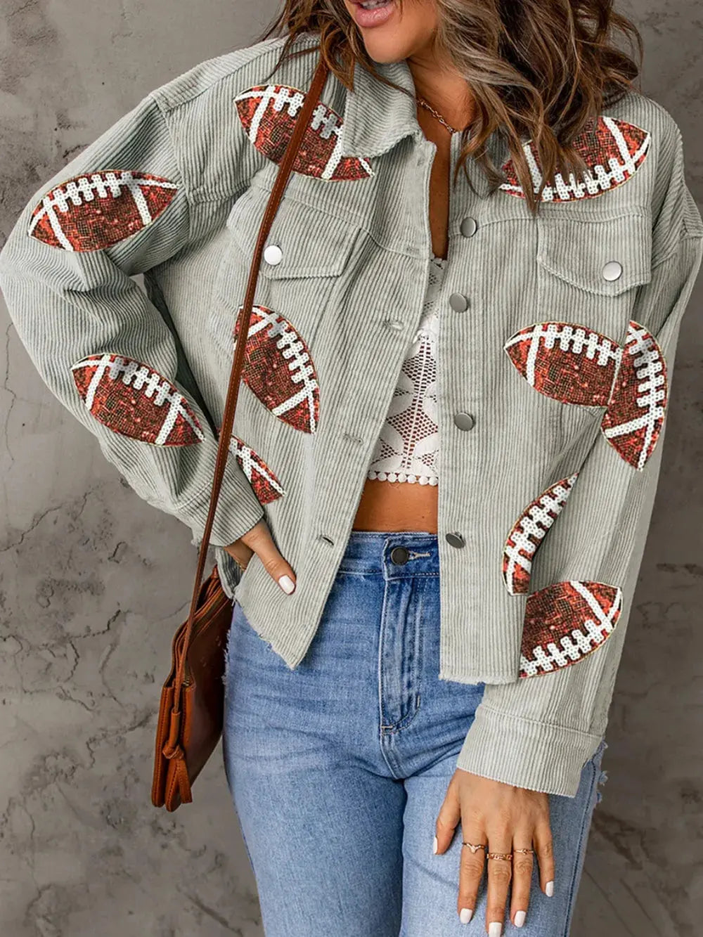 Football Sequin Button Up Dropped Shoulder Jacket by Partner Label