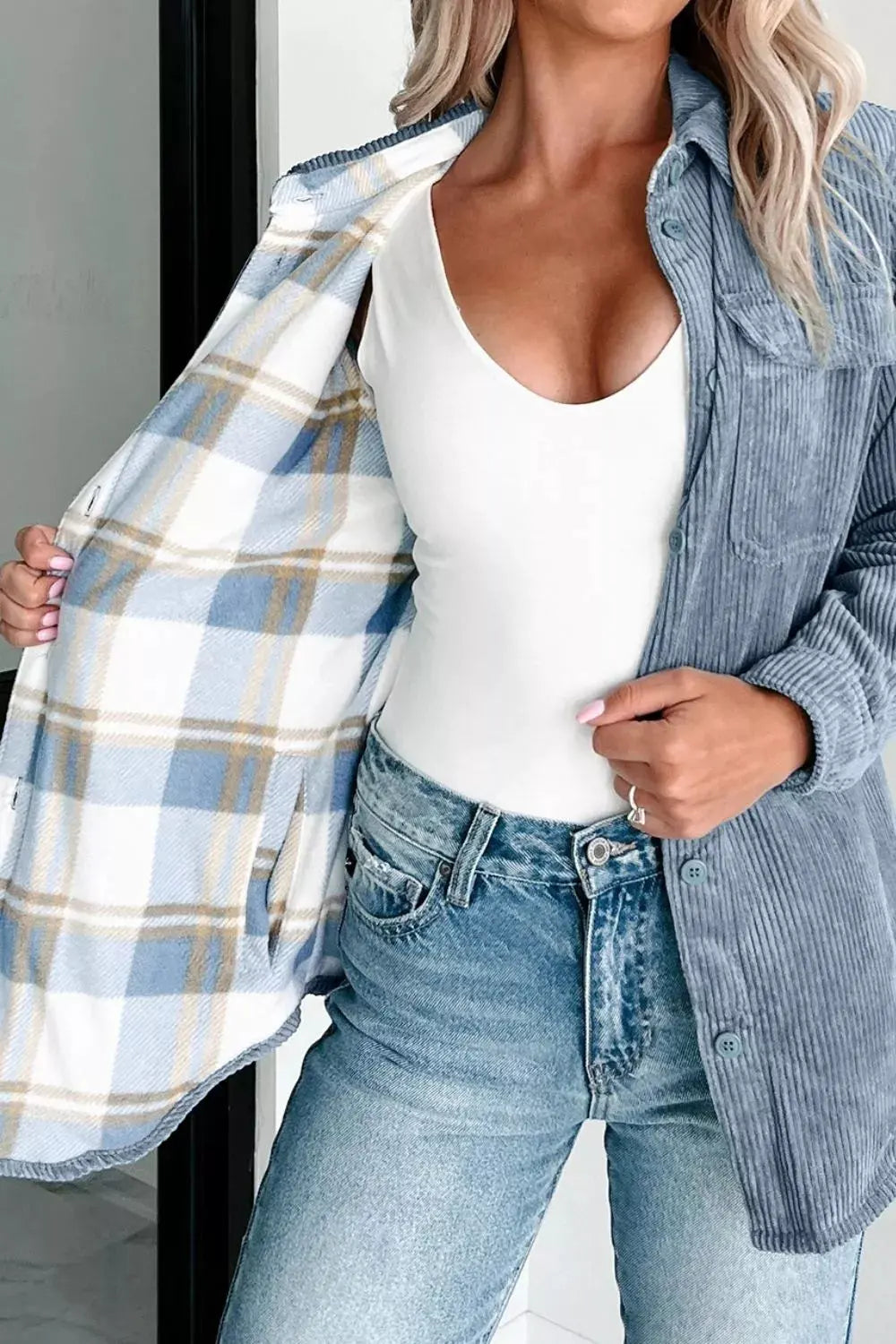 Corduroy Plaid Button-Up Shacket by Partner Label