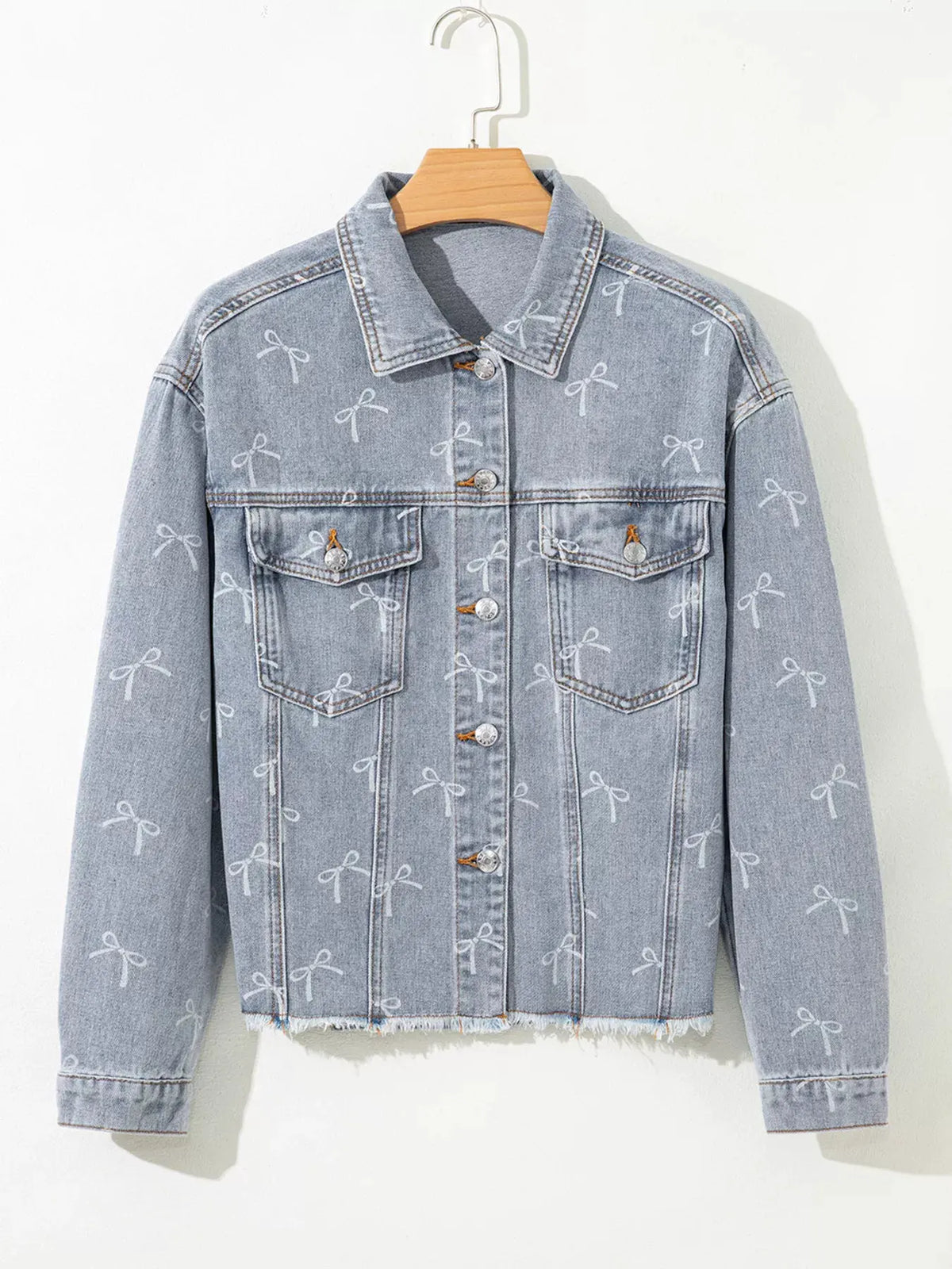 Bow Knot Print Light Wash Raw Hem Denim Jacket by Partner Label