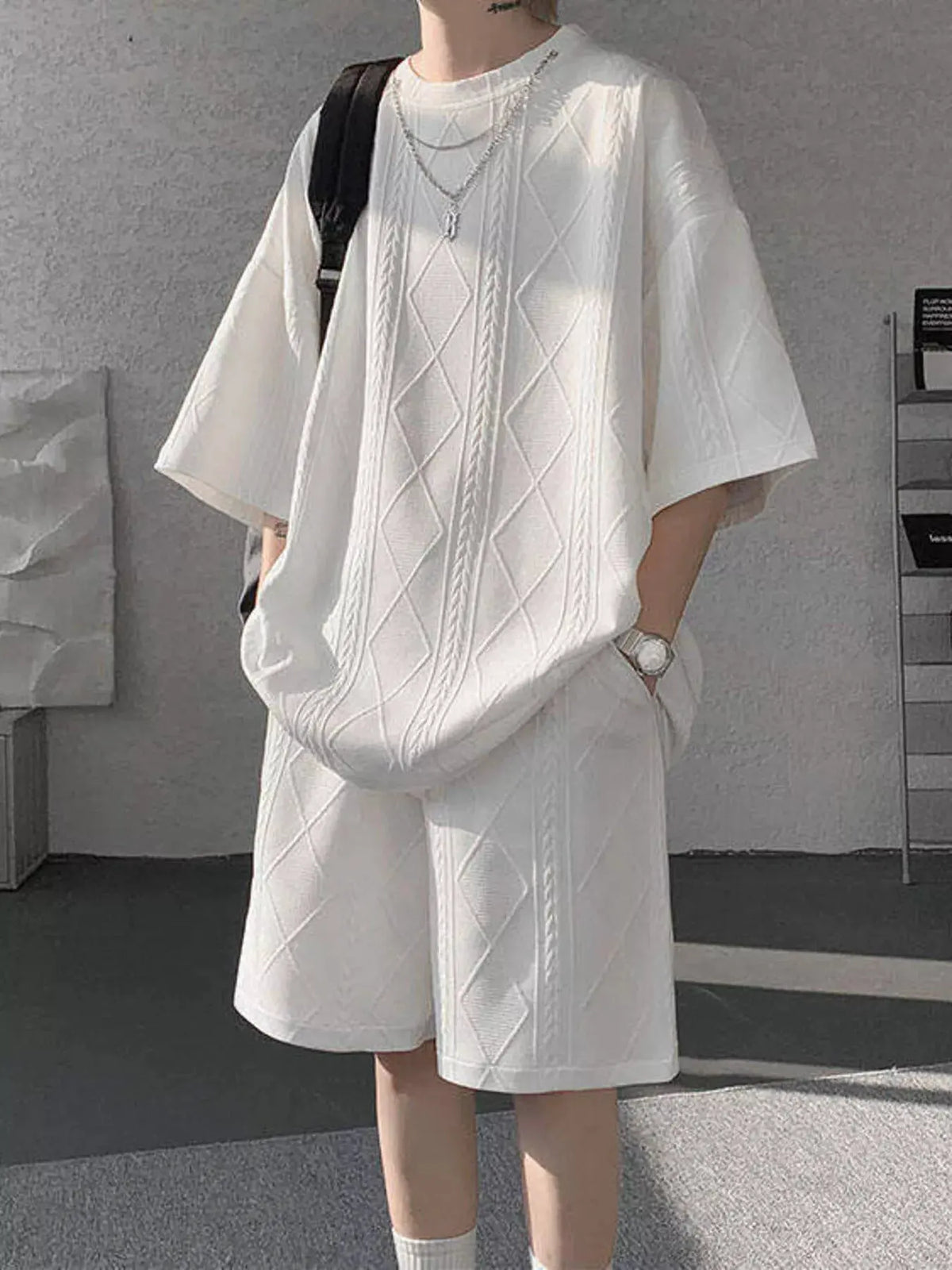 Men's Plus Size Textured Relaxed Fit Top and Shorts Set by Trendsi