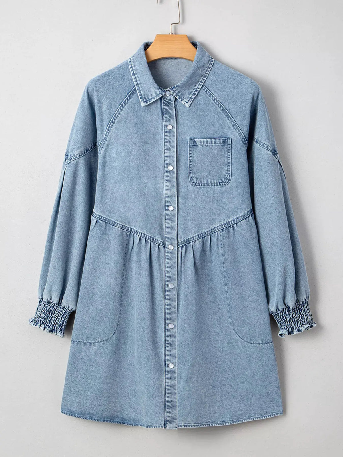 Smocked Cuffs Flared Denim Shirt Mini Dress by Partner Label