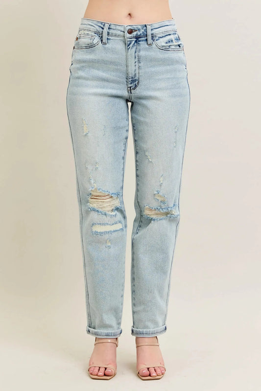 Judy Blue Full Size Mr Repair Stitch Detail Destroy Single Cuff Bf Jeans Plus Size by Judy Blue
