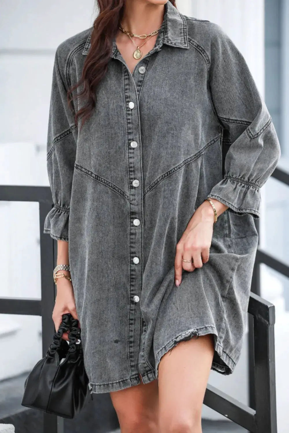 Distressed Collared Neck Flounce Sleeve Denim Dress by Partner Label