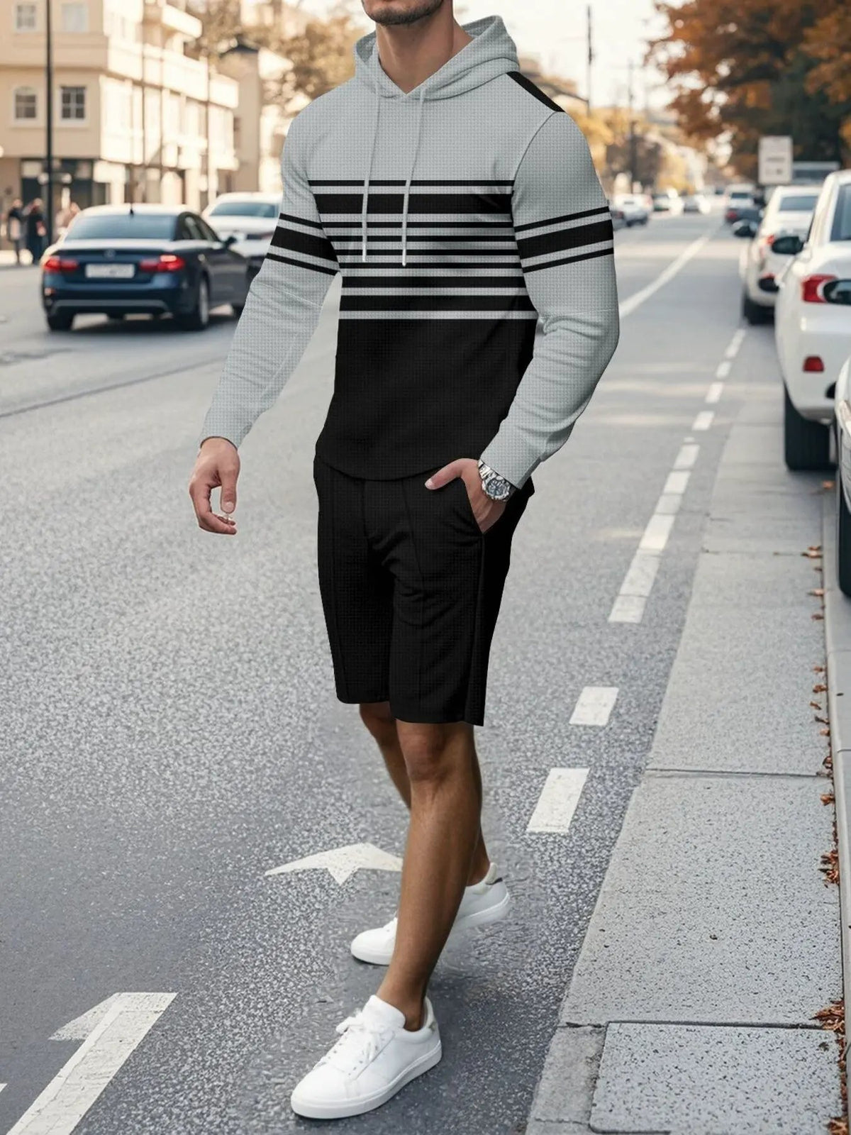 Men's Full Size Striped Hoodie & Shorts Casual Set Plus Size by Partner Label