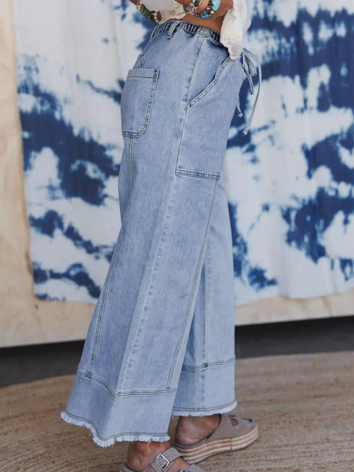 Wide Leg Drawstring Raw Hem Jeans by Partner Label