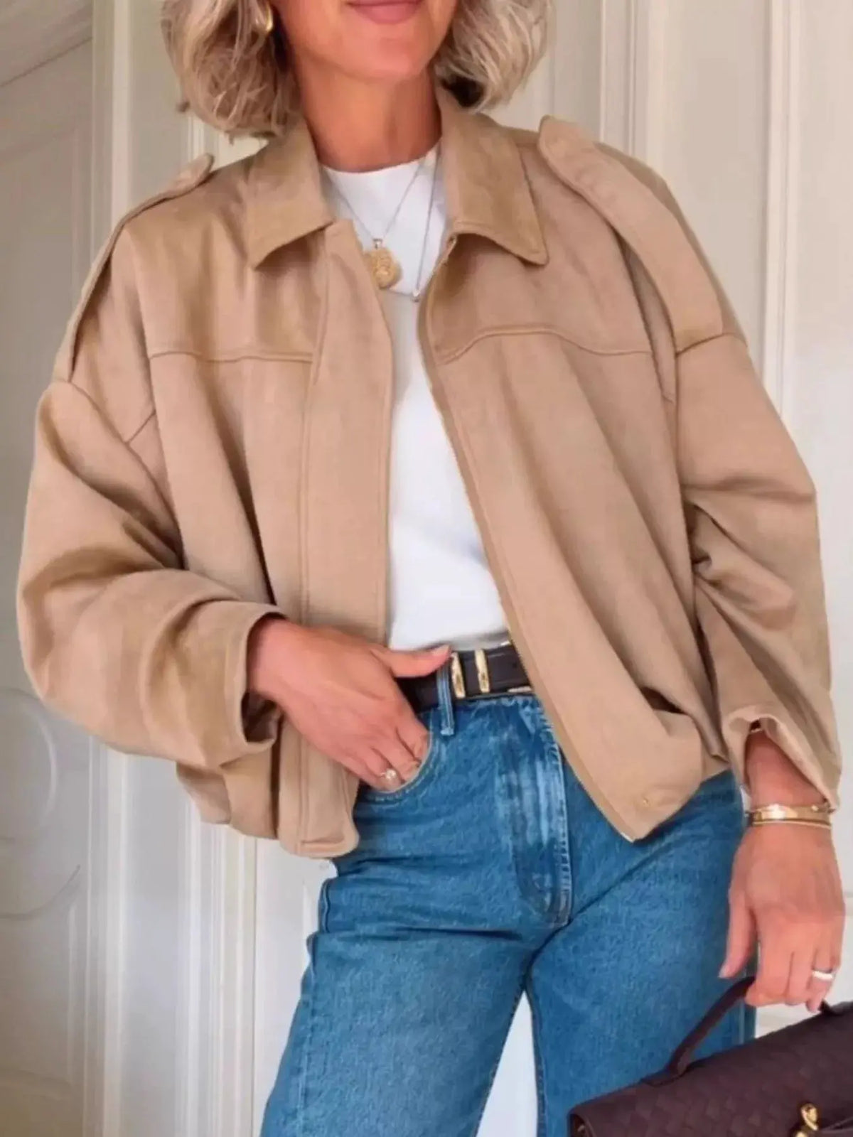 Zip Up Dropped Shoulder Suede Jacket by Partner Label