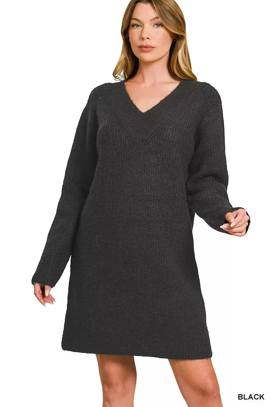 V-Neck Long Sleeve Ribbed Sweater Dress by Zenana