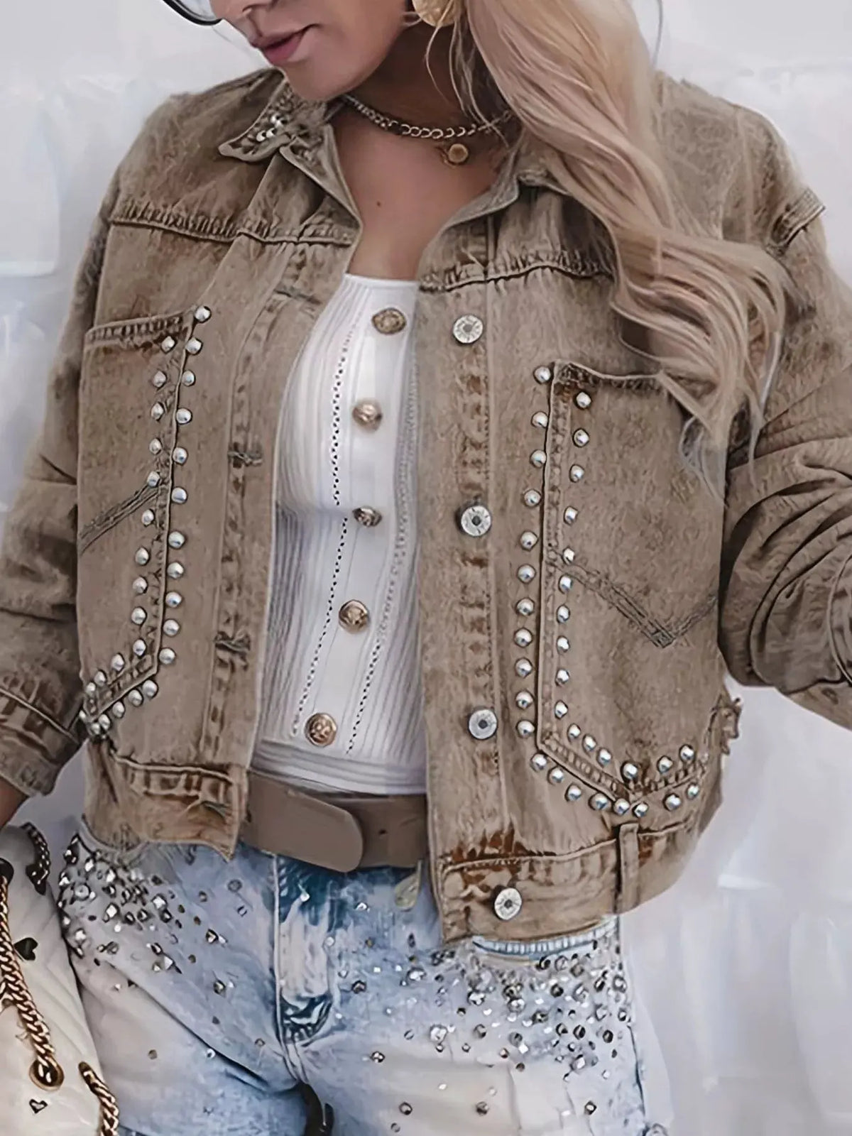 Studded Button Up Wash Denim Jacket by Partner Label
