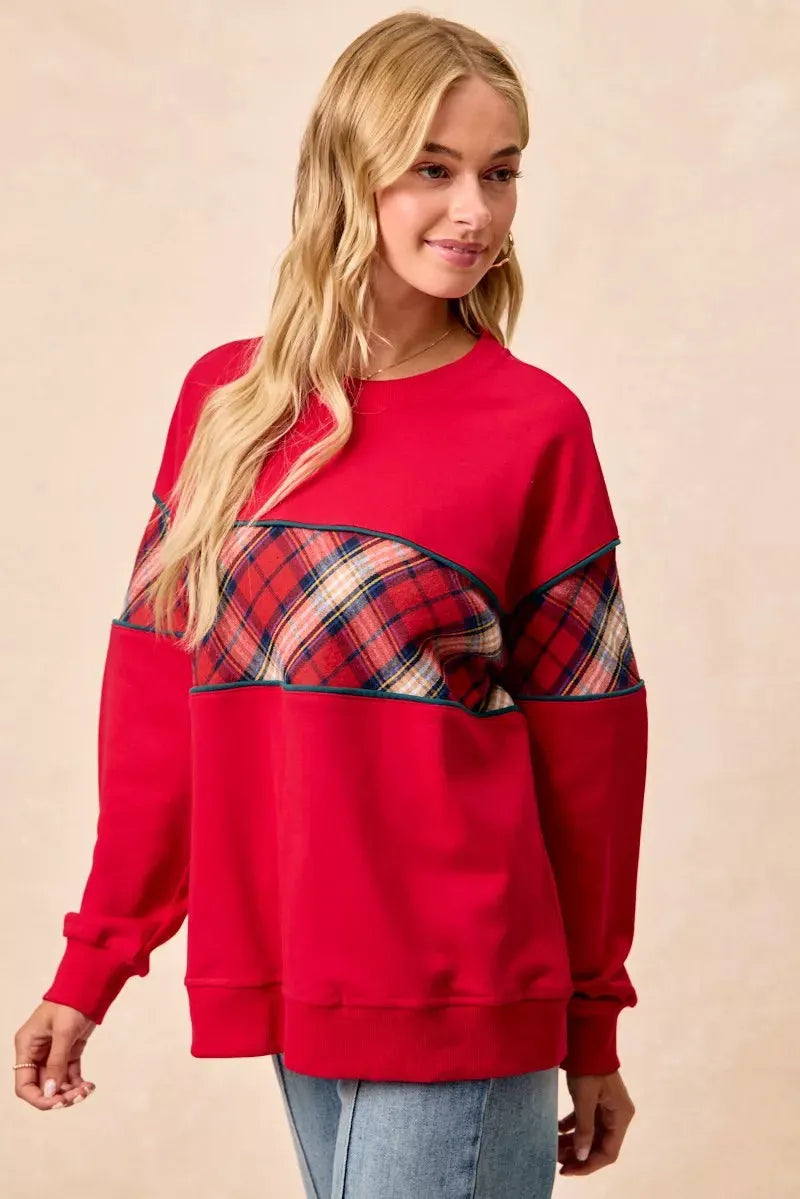 BiBi Christmas Theme Plaid Block Sweatshirt with Binding by BiBi