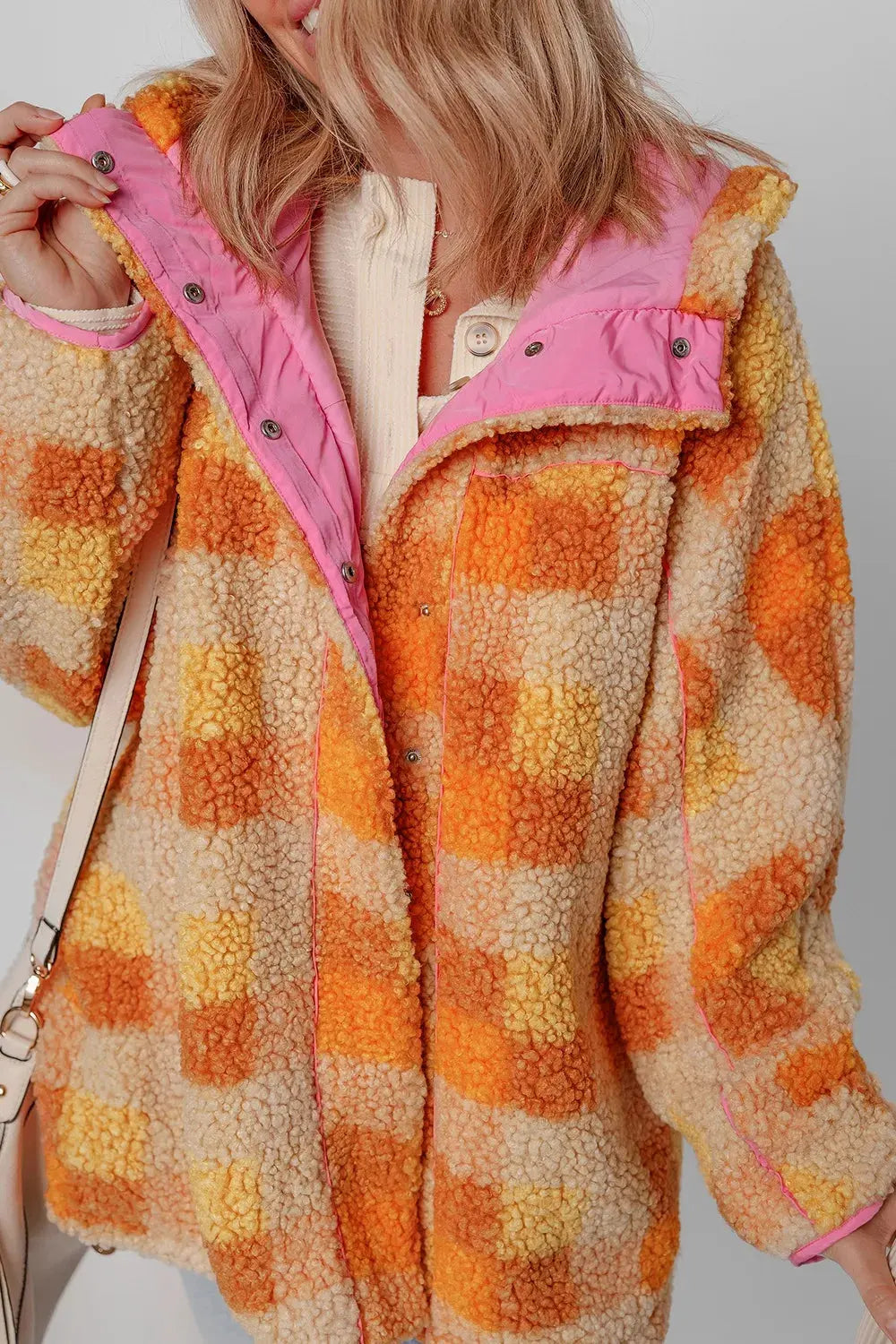 Checkered Long Sleeve Sherpa Hooded Jacket by Partner Label