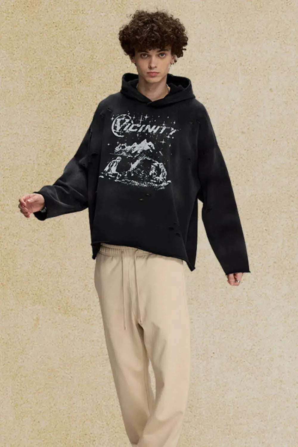 Men's Distressed Graphic Long Sleeve Hoodie by Partner Label