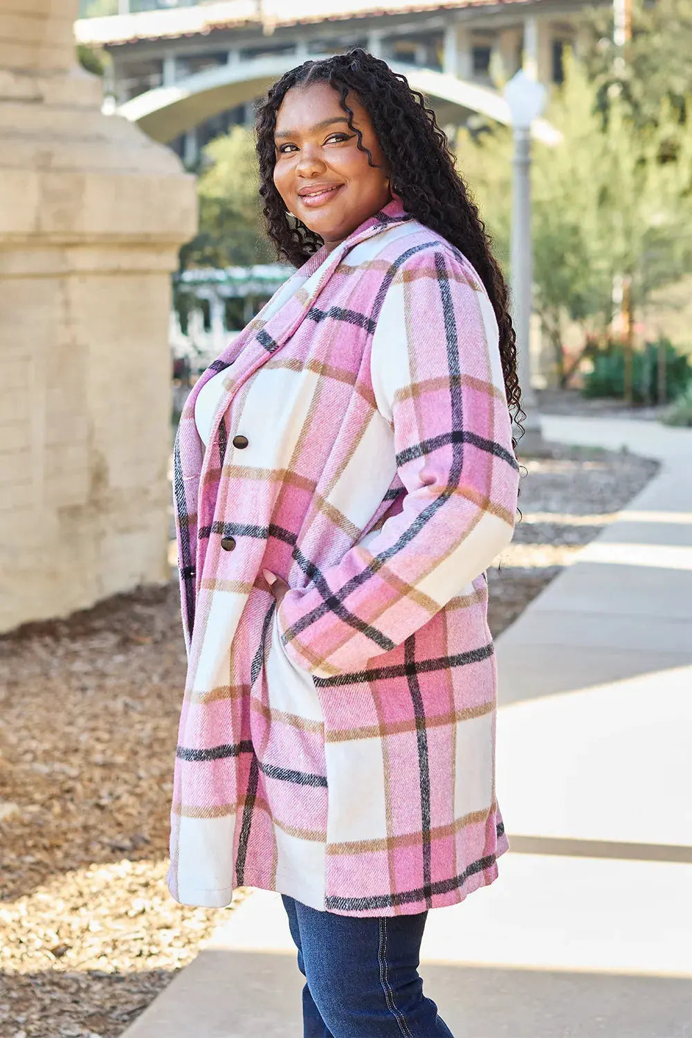 Double Take Full Size Plaid Button Up Lapel Collar Coat by Double Take