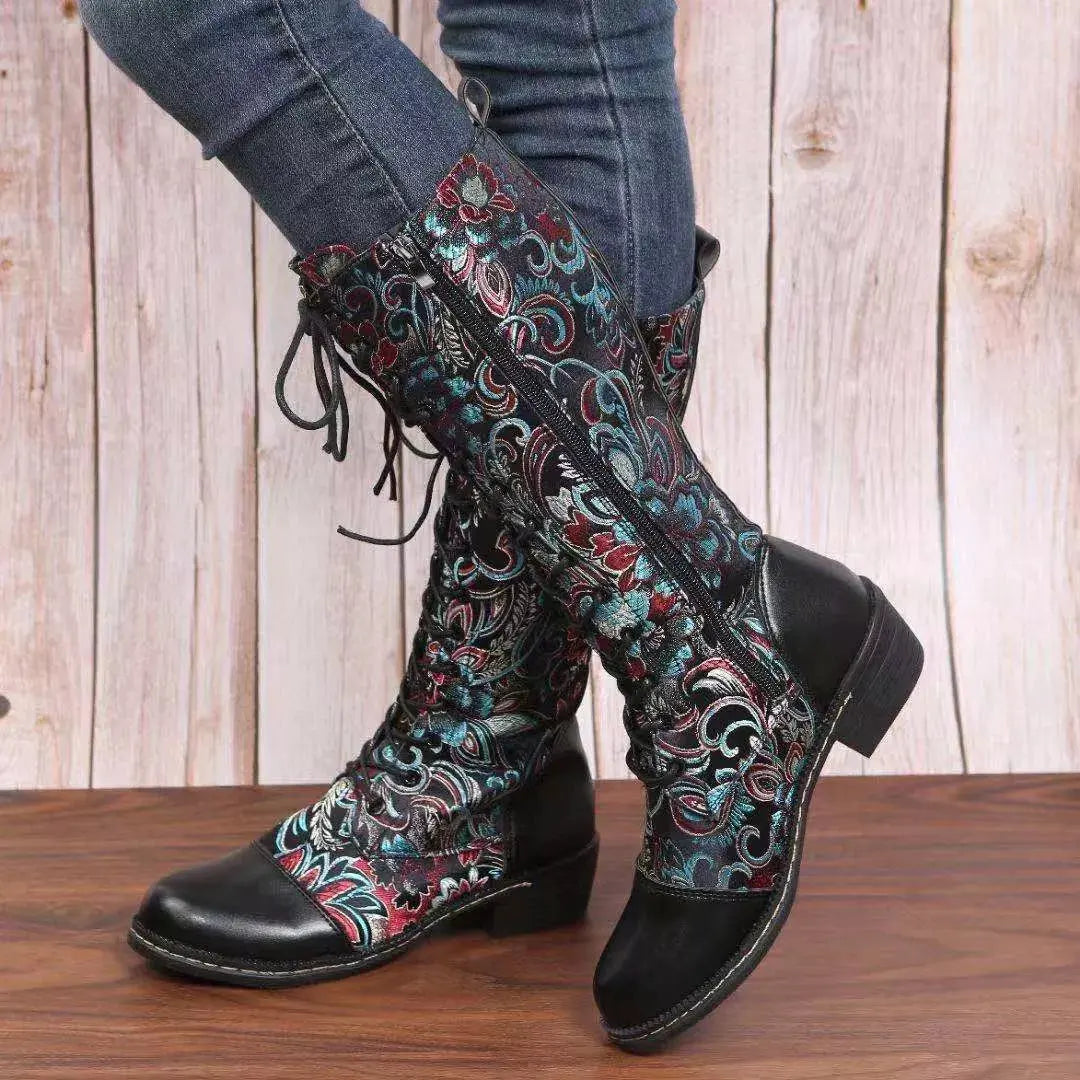 Embroidered Lace-Up Block Heel Boots by Partner Label