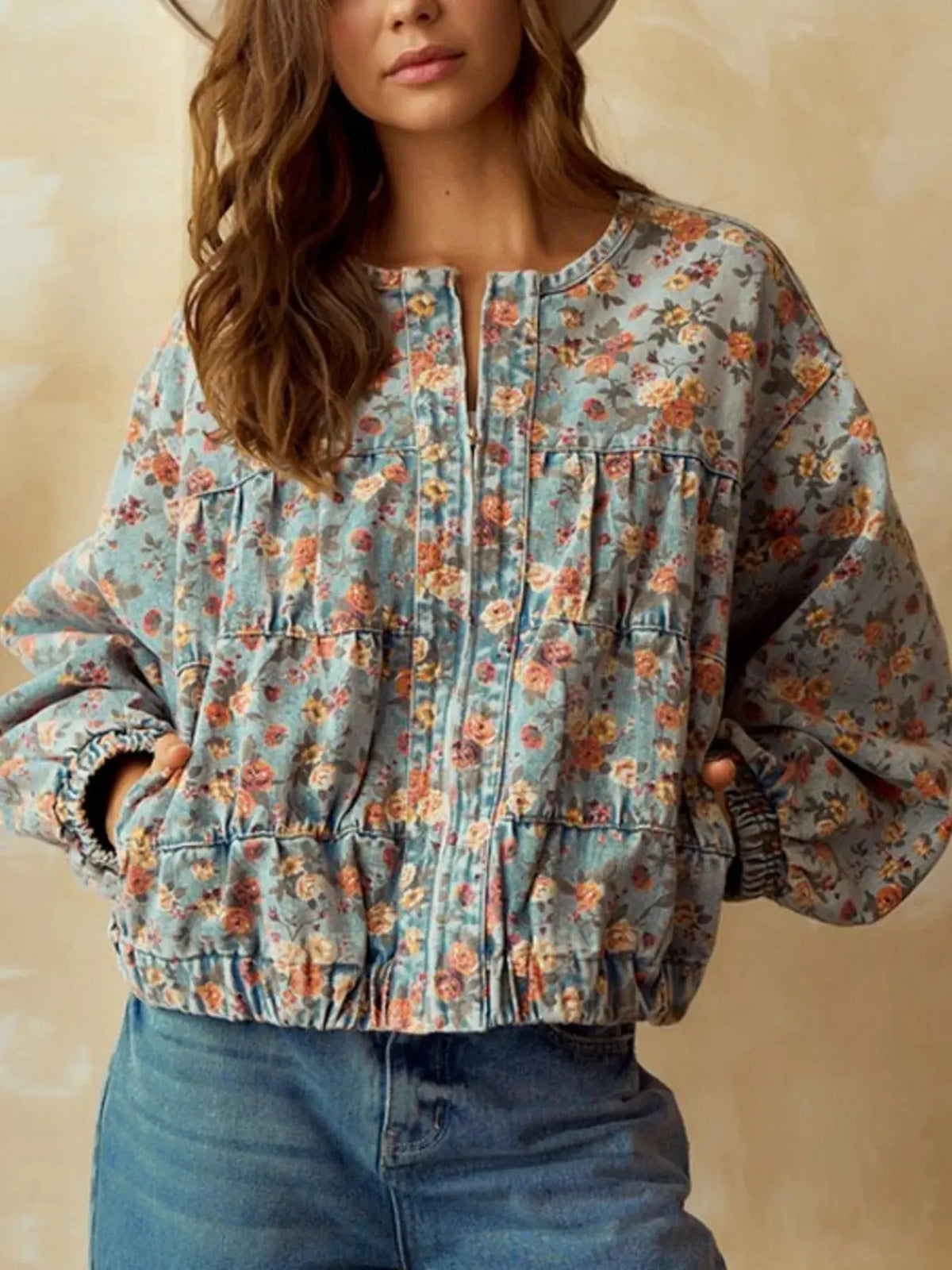 Floral Print Zip Up Cropped Denim Jacket by Partner Label