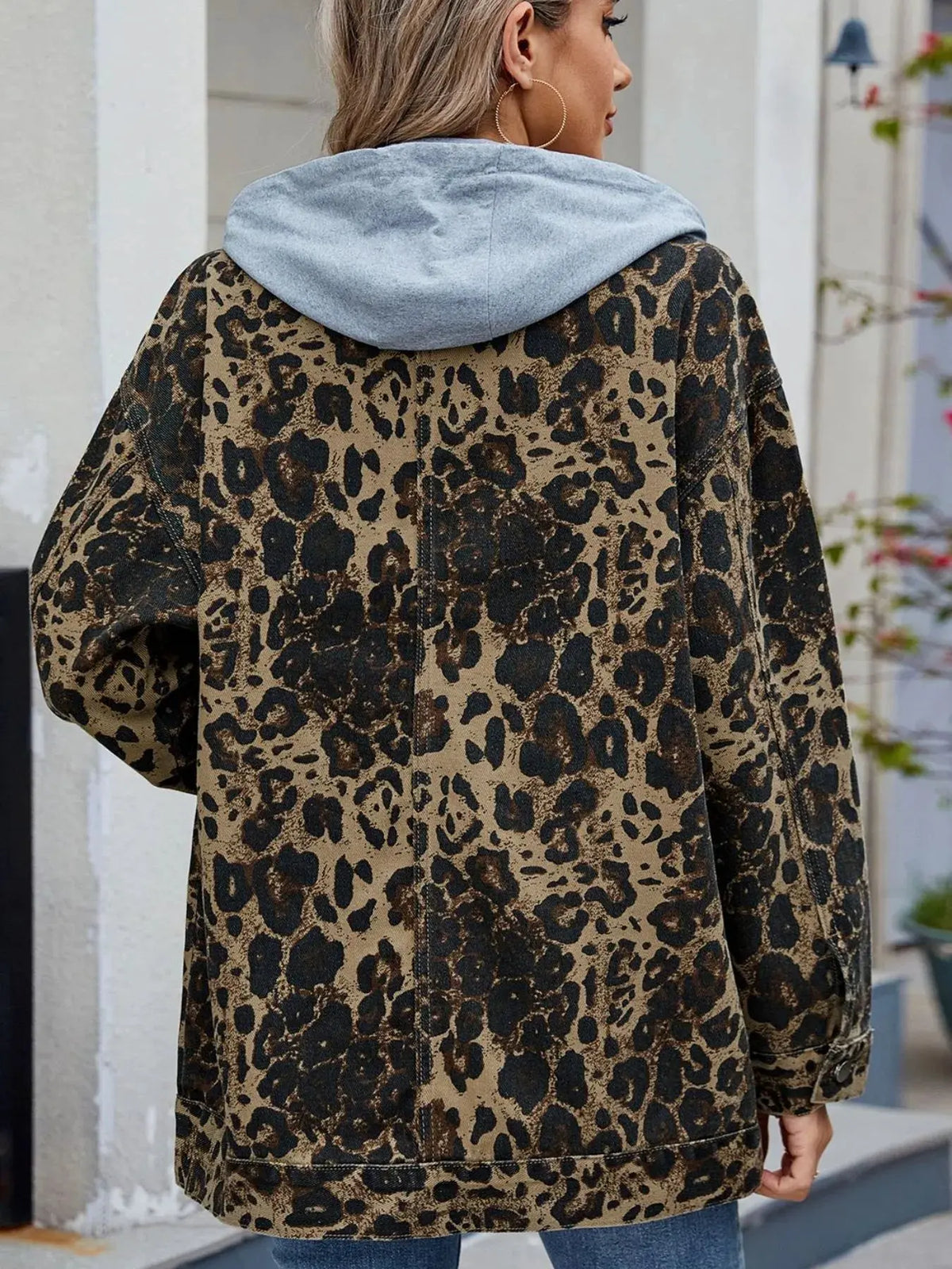Oversized Button Up Denim Jacket with Hood by Partner Label