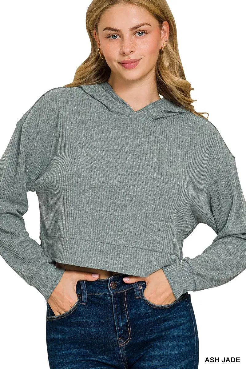 Zenana Drop Shoulder Ribbed Crop Hoodie by Zenana