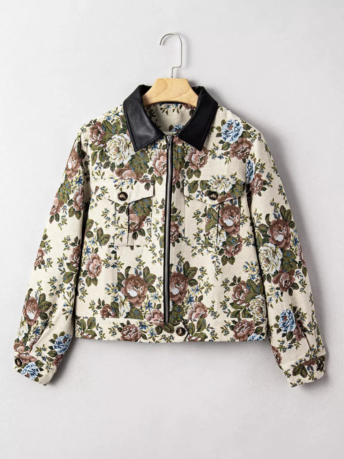 Floral Print Zip Up Contrast Collared Jacket by Partner Label