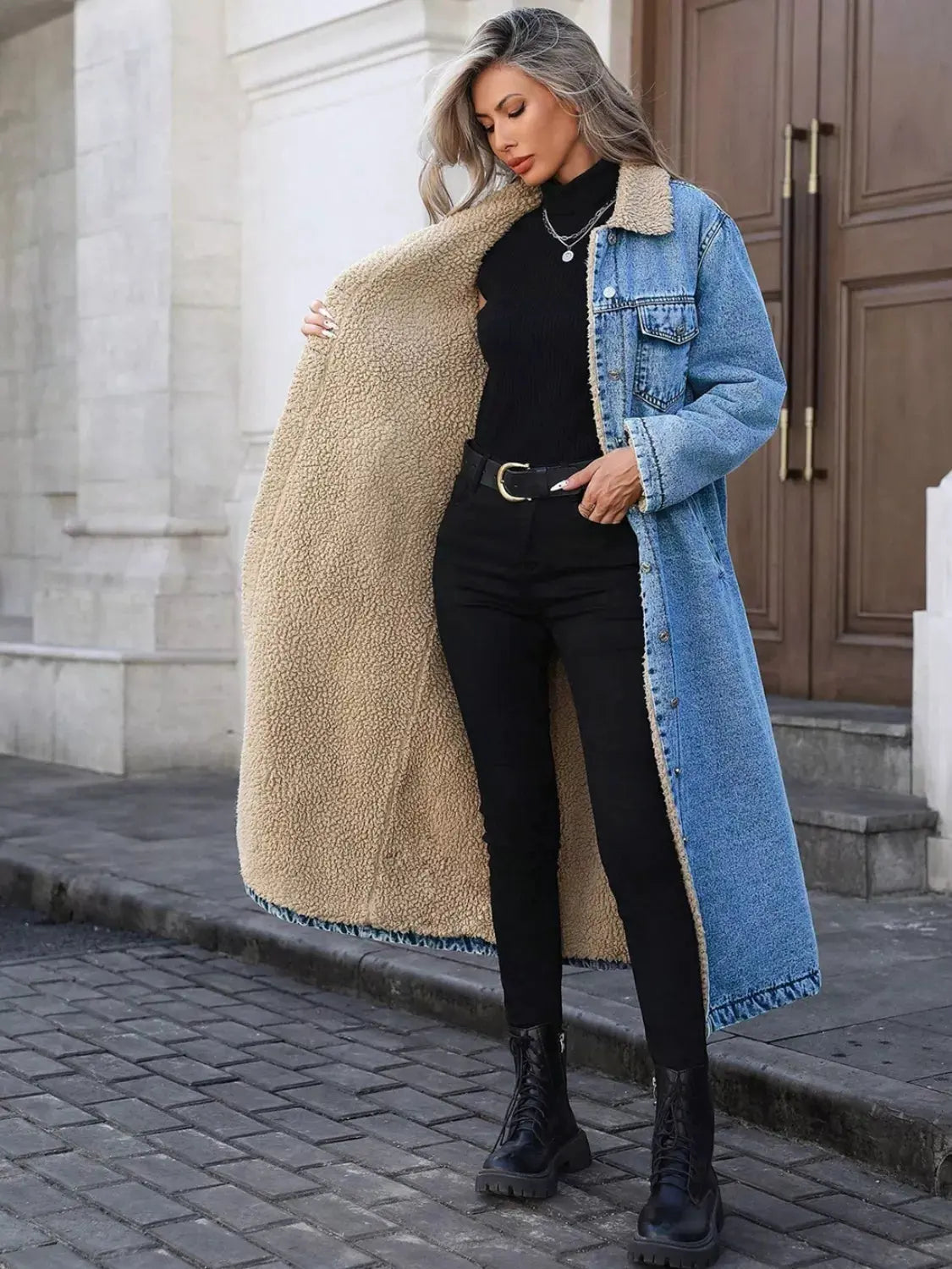 Sherpa Lined Longline Denim Jacket by Partner Label