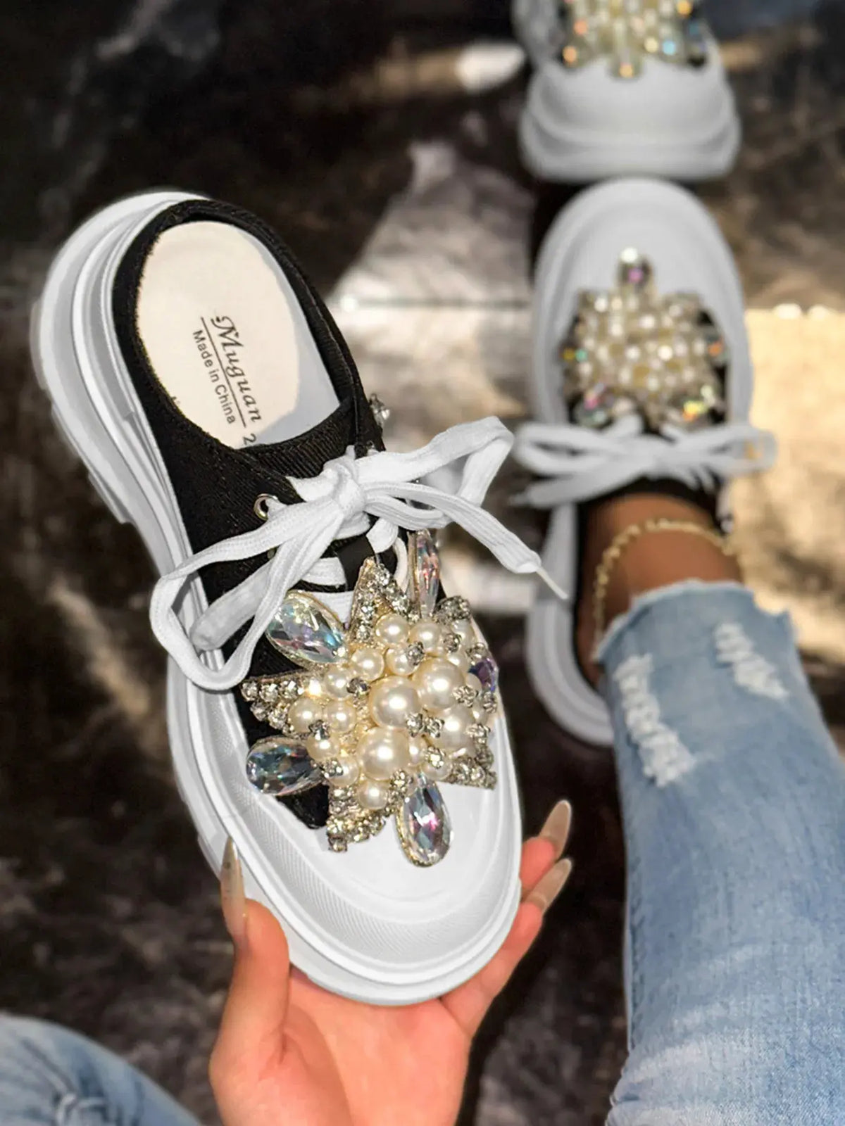 Pearl Embellished Platform Slip-Ons by Partner Label