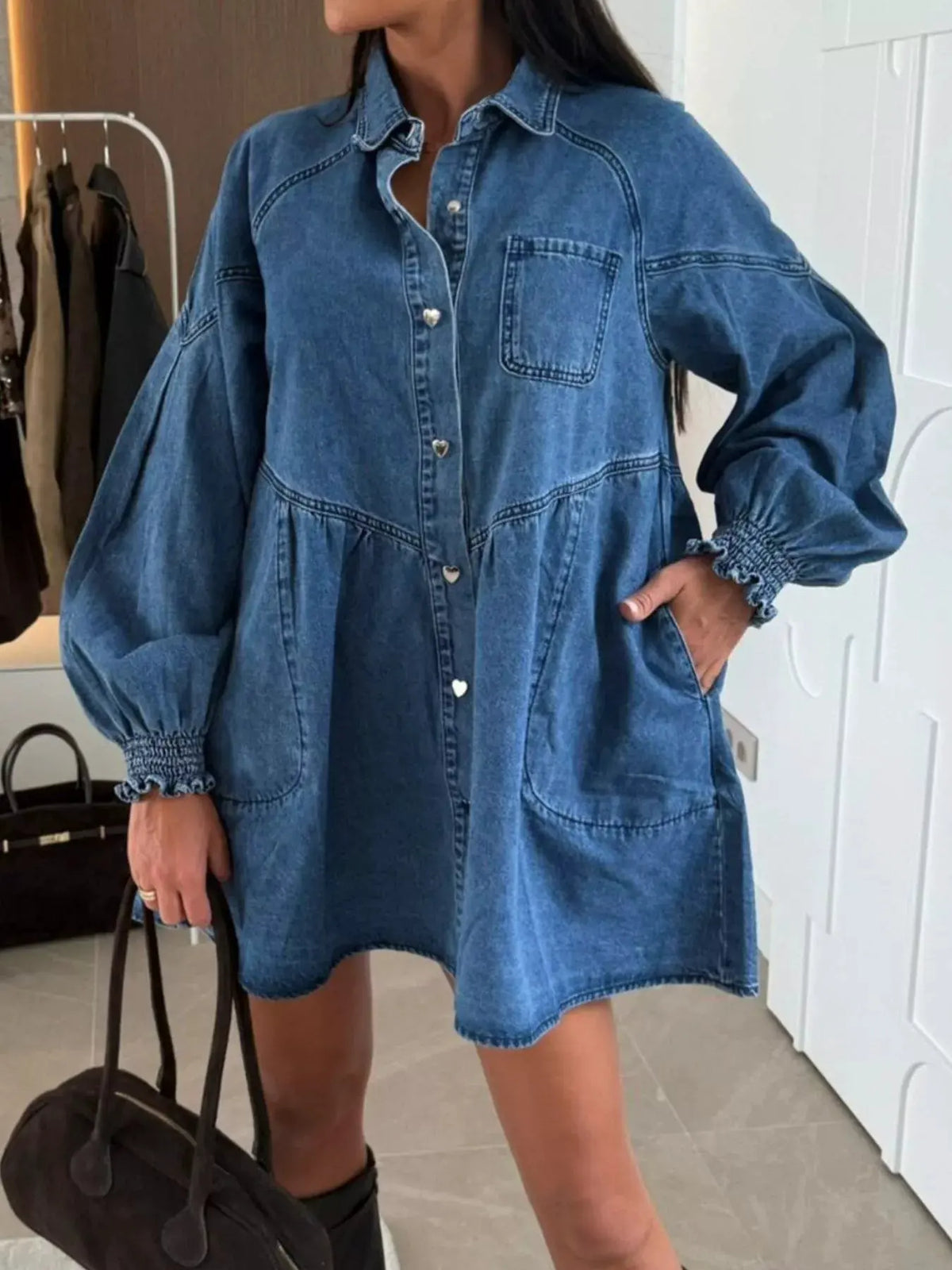 Button Down Mini Denim Dress with Front Pockets by Partner Label
