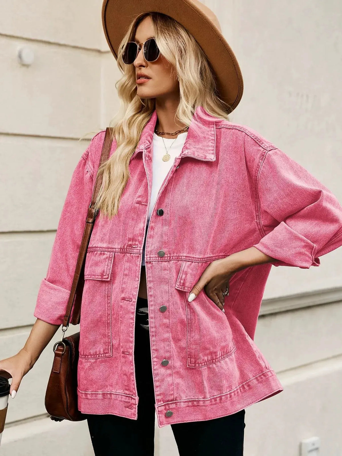 Oversized Button Up Denim Jacket with Hood by Partner Label