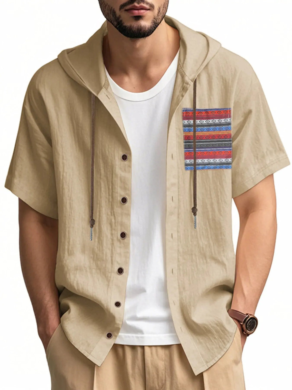 Men's Full Size Casual Hooded Short Sleeve Shirt Plus Size by Trendsi
