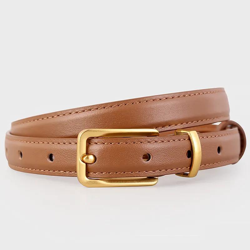 Leather Skinny Belt with Golden Buckle by Trendsi