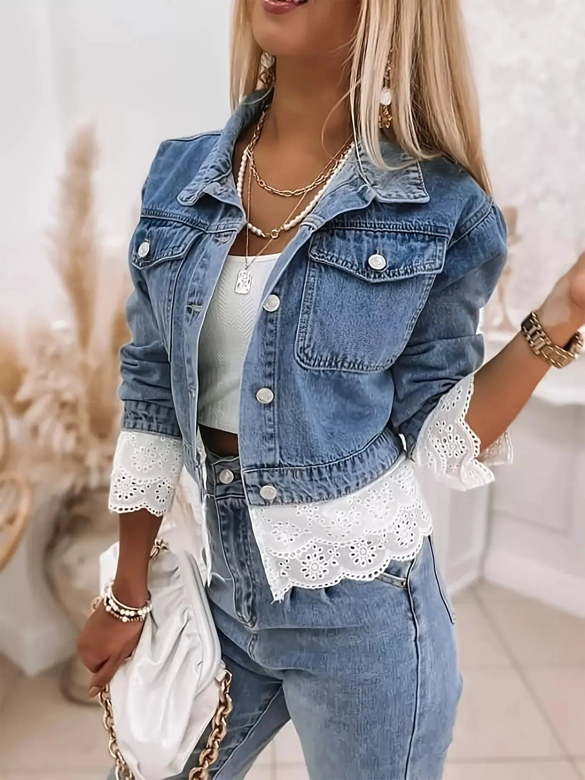 Cropped Denim Jacket with Lace Trim by Partner Label