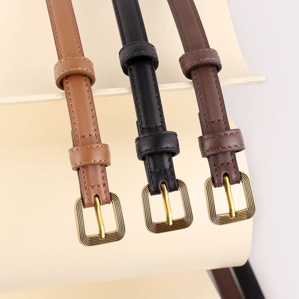 Leather Skinny Belt with Buckle by Trendsi
