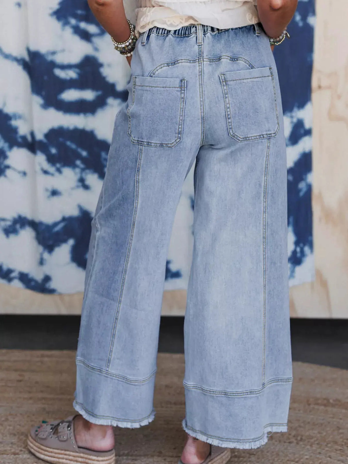 Wide Leg Drawstring Raw Hem Jeans by Partner Label