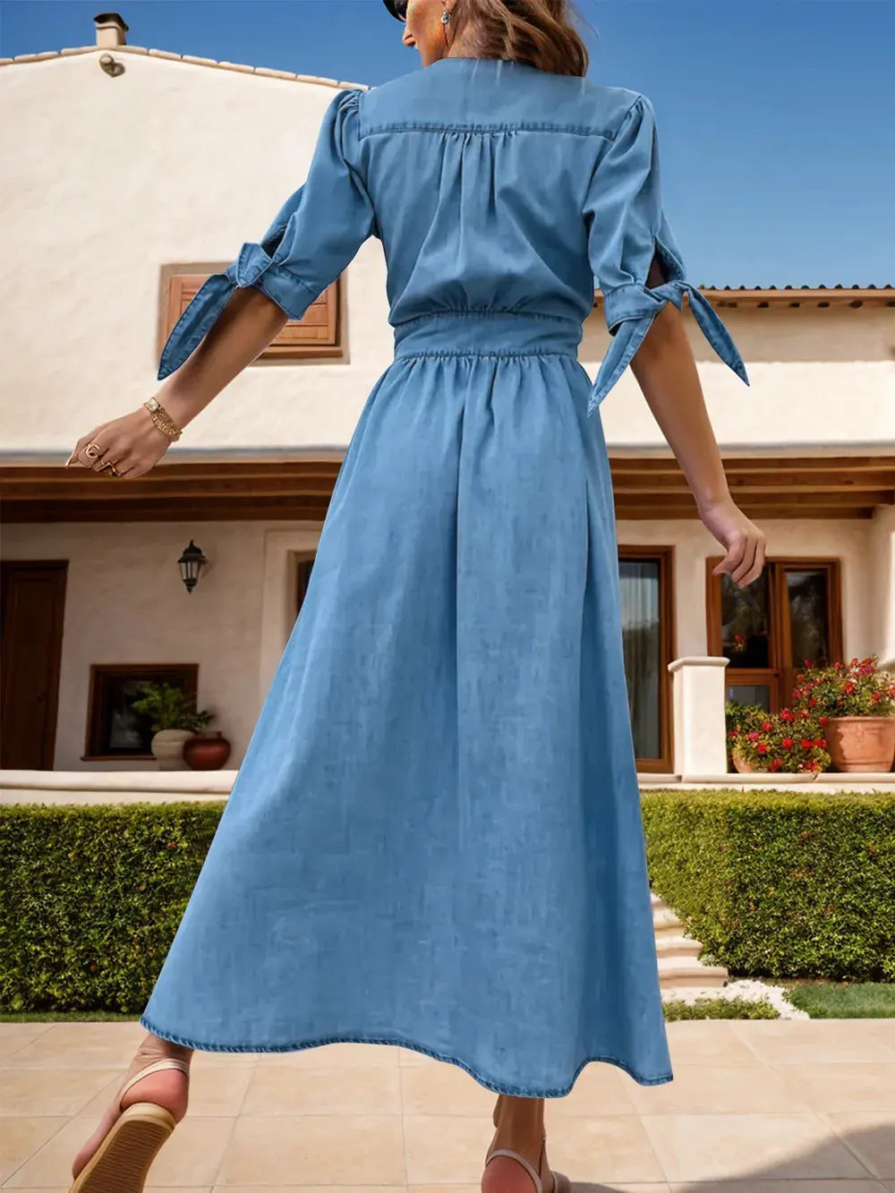 Plunge Button Up Half Sleeve Denim Dress by Partner Label