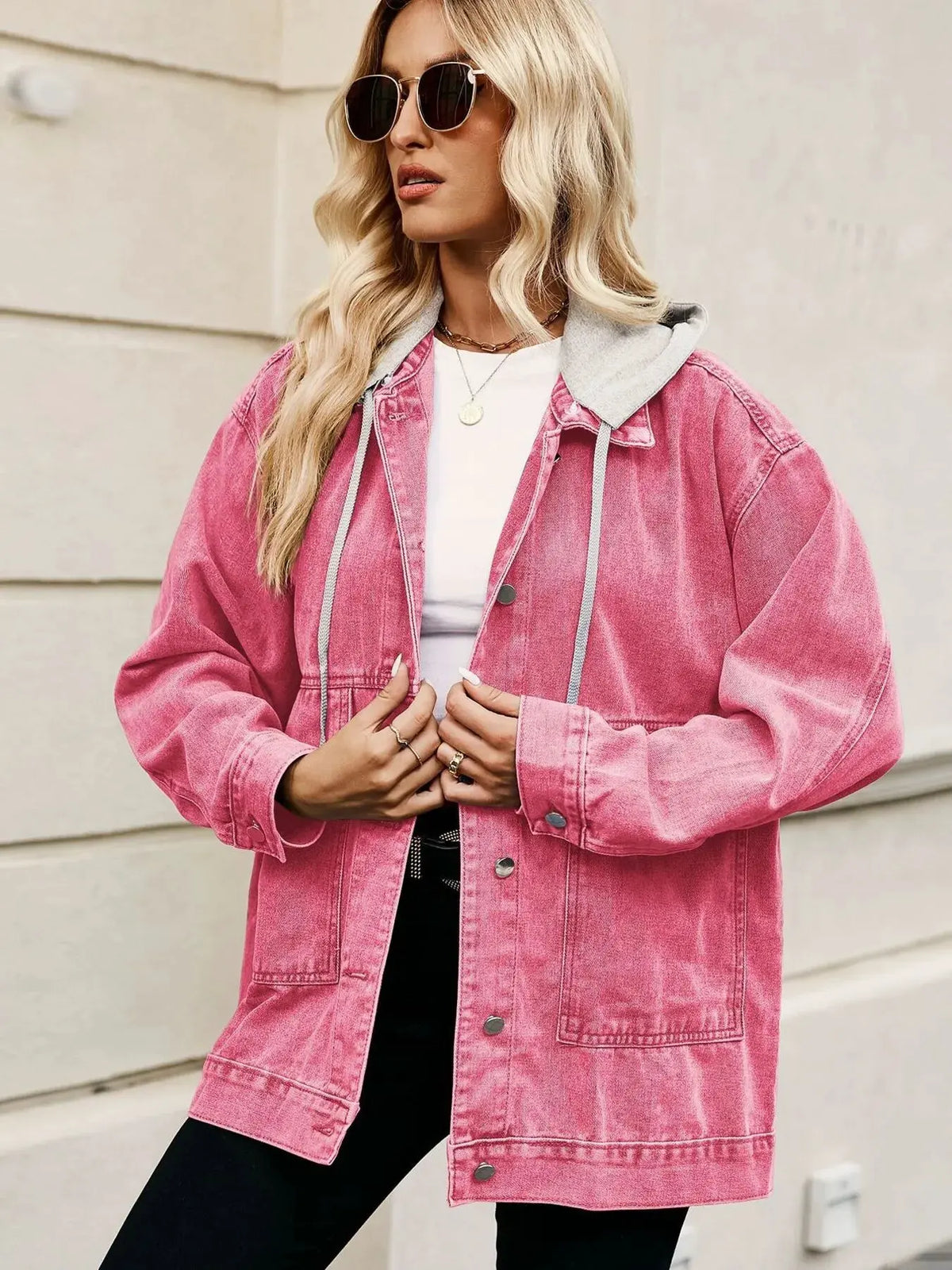 Oversized Button Up Denim Jacket with Hood by Partner Label
