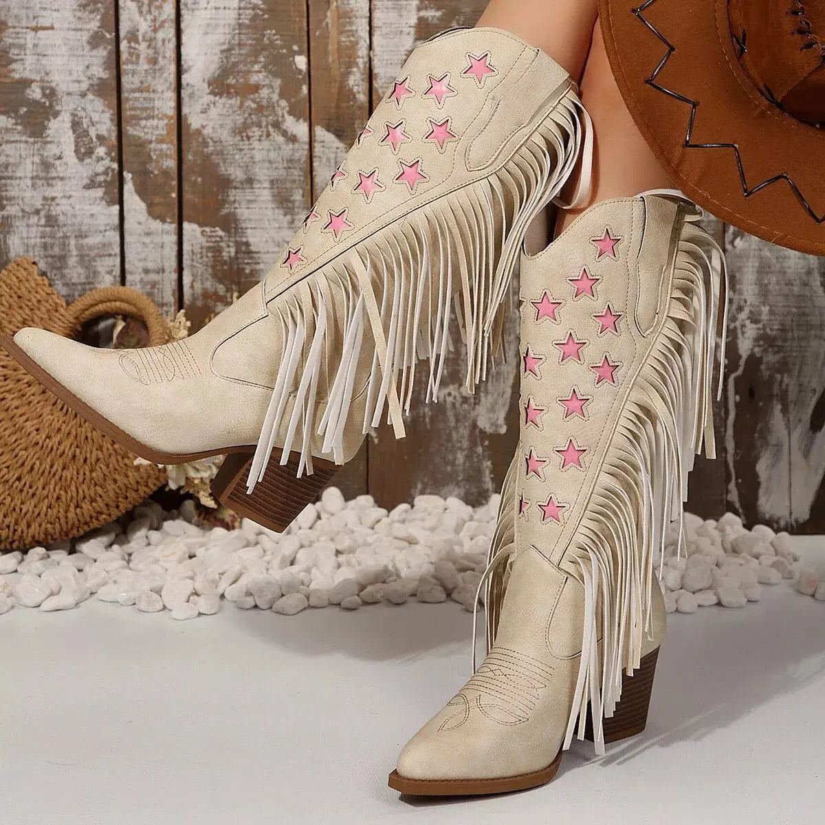 Star Fringe Block Heel Boots by Partner Label