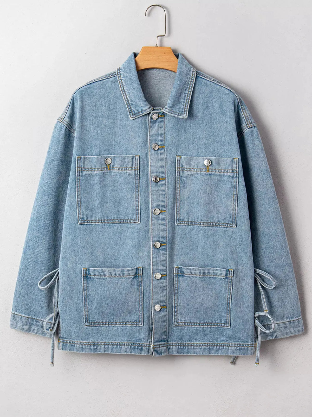 Patched Pockets Side Tie Denim Jacket by Partner Label