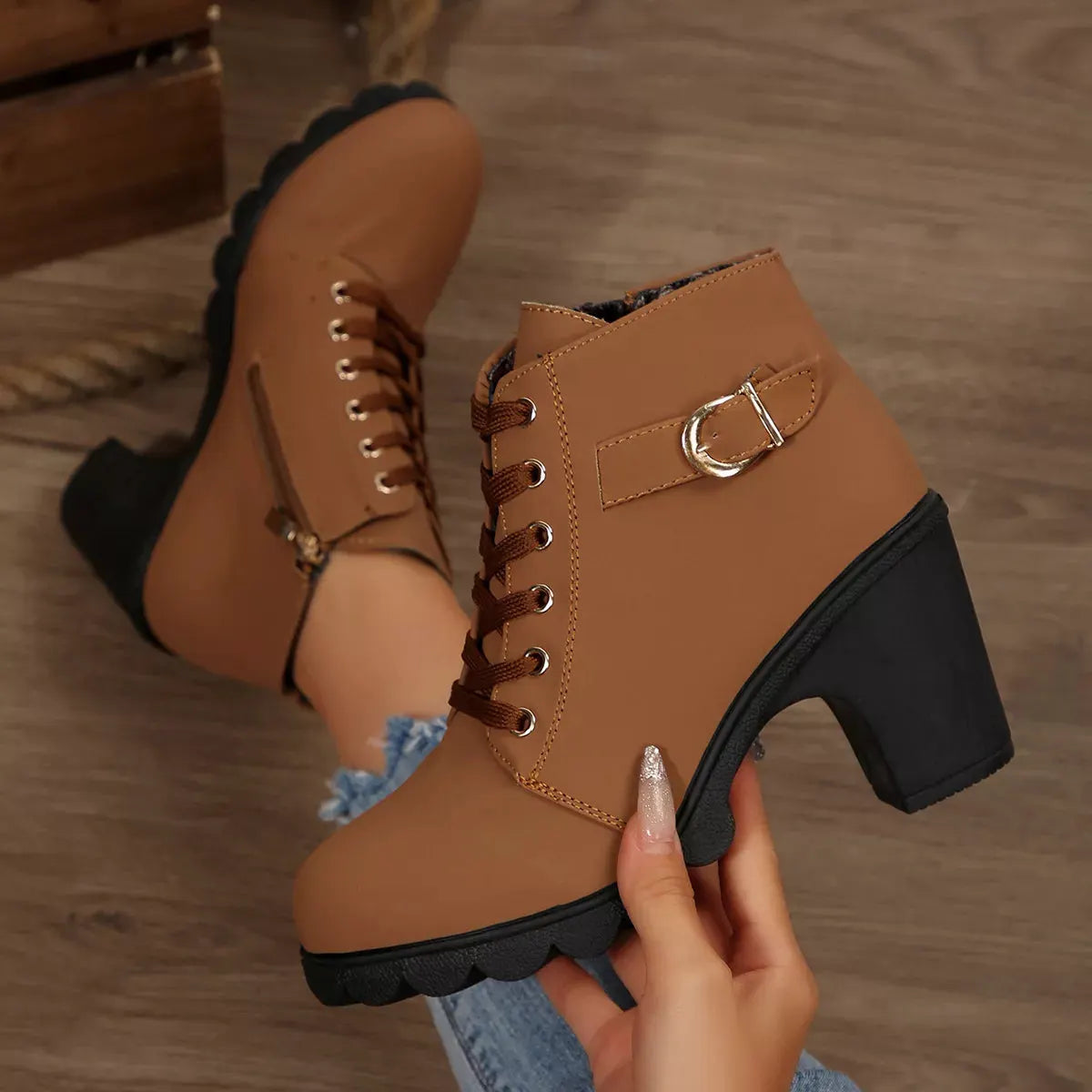 Lace Up Block Heels Boots by Partner Label
