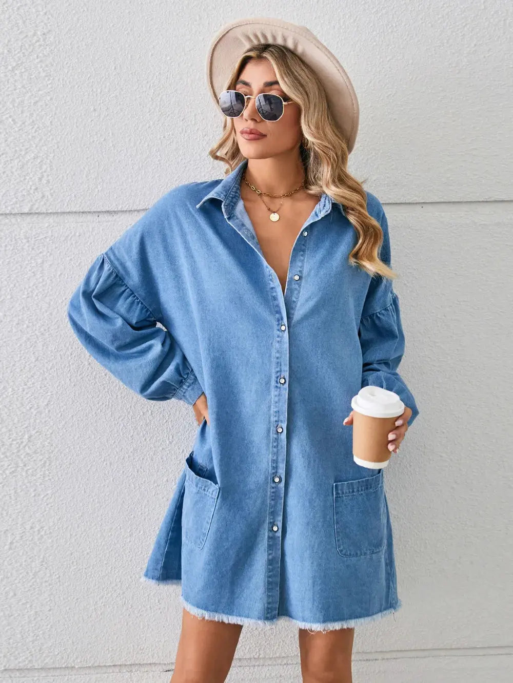 Button Up Pocketed Raw Hem Denim Dress by Partner Label