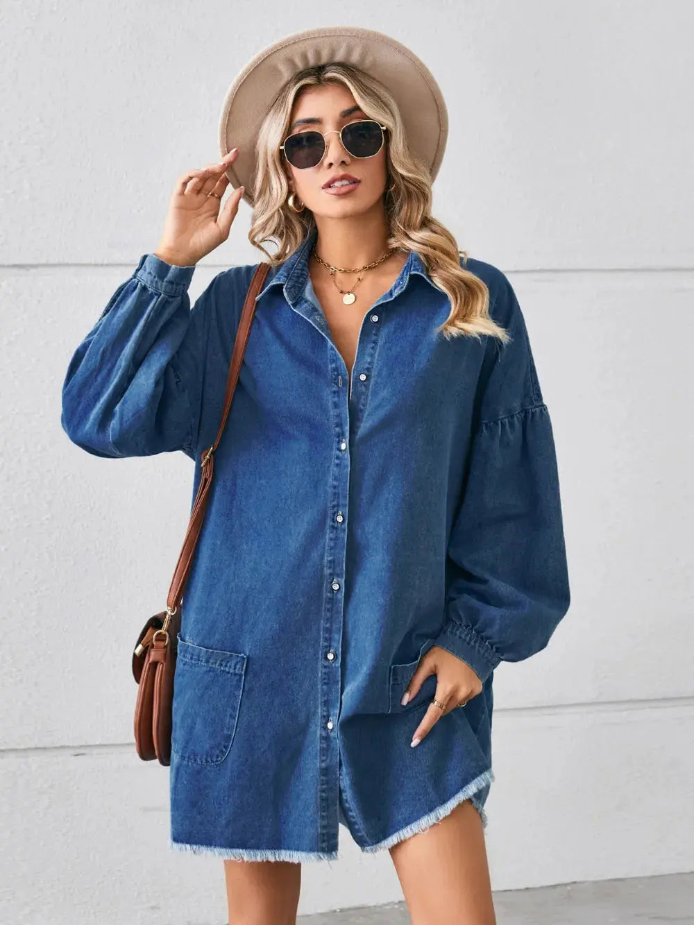 Button Up Pocketed Raw Hem Denim Dress by Partner Label