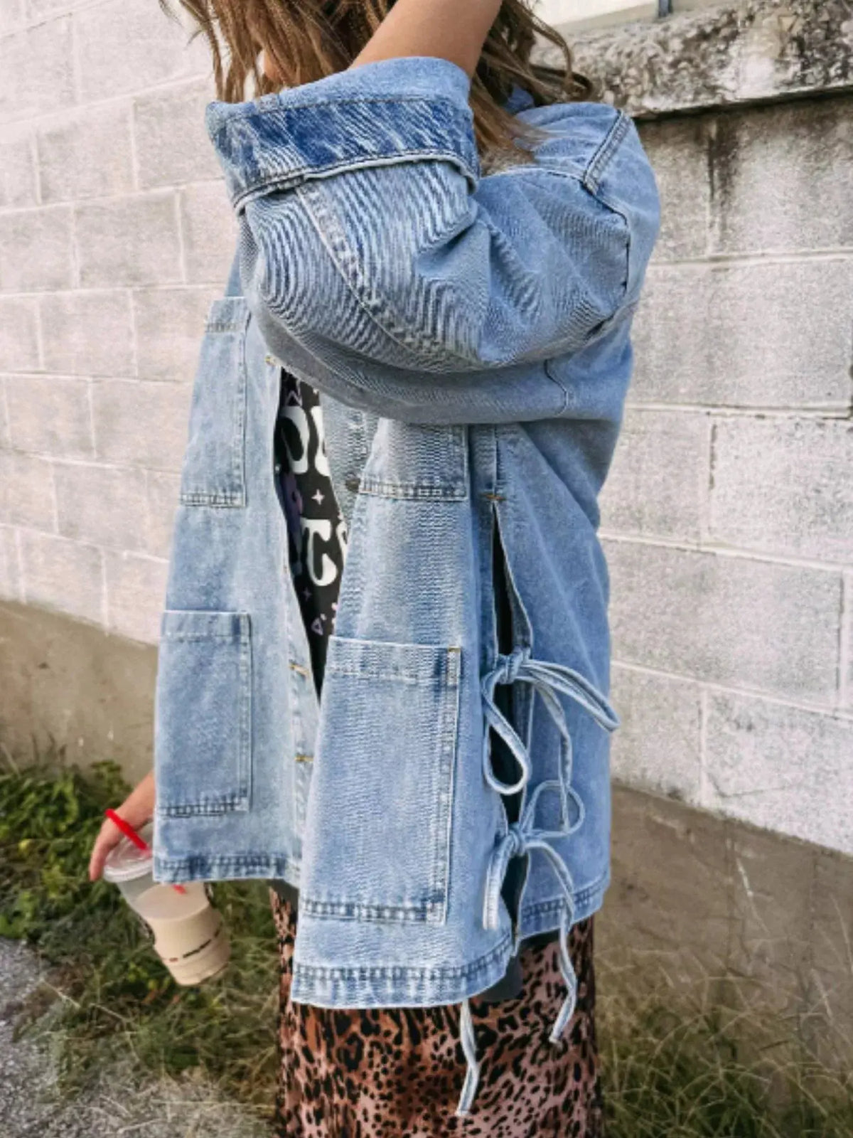 Patched Pockets Side Tie Denim Jacket by Partner Label