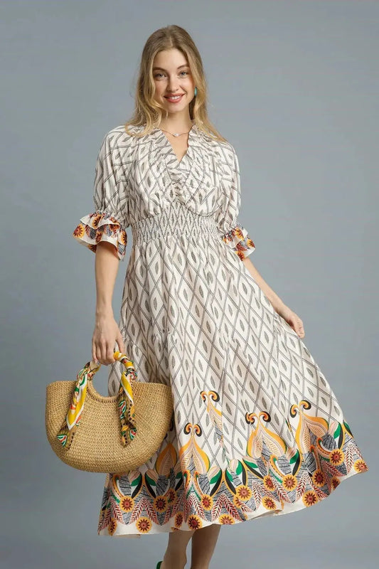 Umgee Printed Smocked Waist Flounce Sleeve Midi Dress by Umgee USA