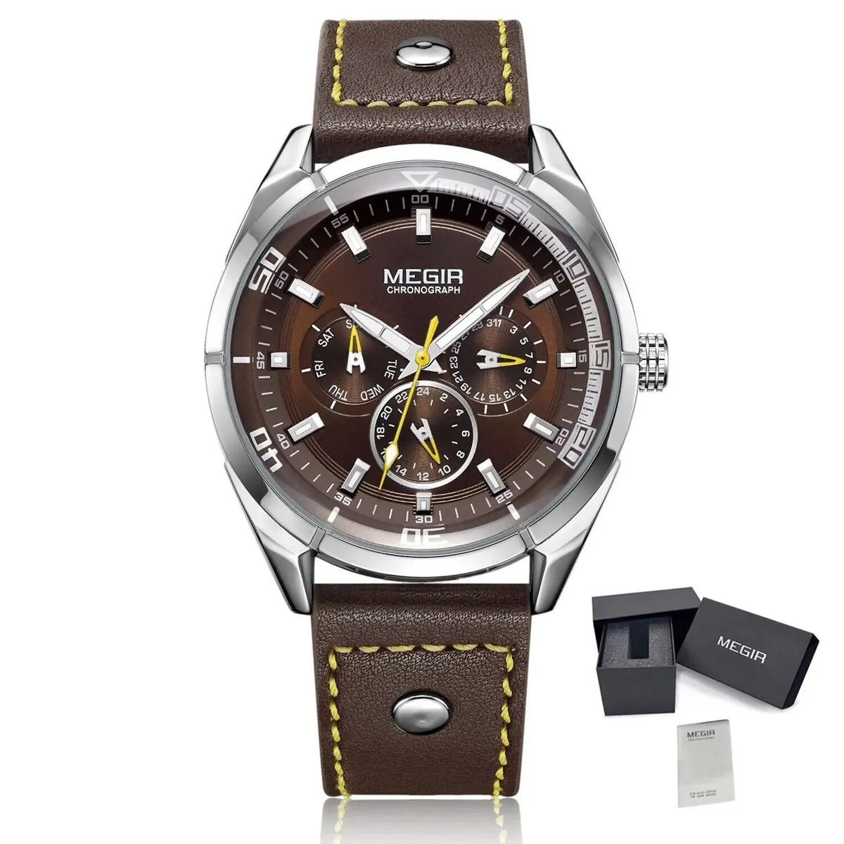 MEGIR Fashion Quartz Chronograph Watch for Men Leather Strap Military Sport Wristwatch Waterproof 24-hour Week Date Clock 2072 by MEGIR WATCH GROUP
