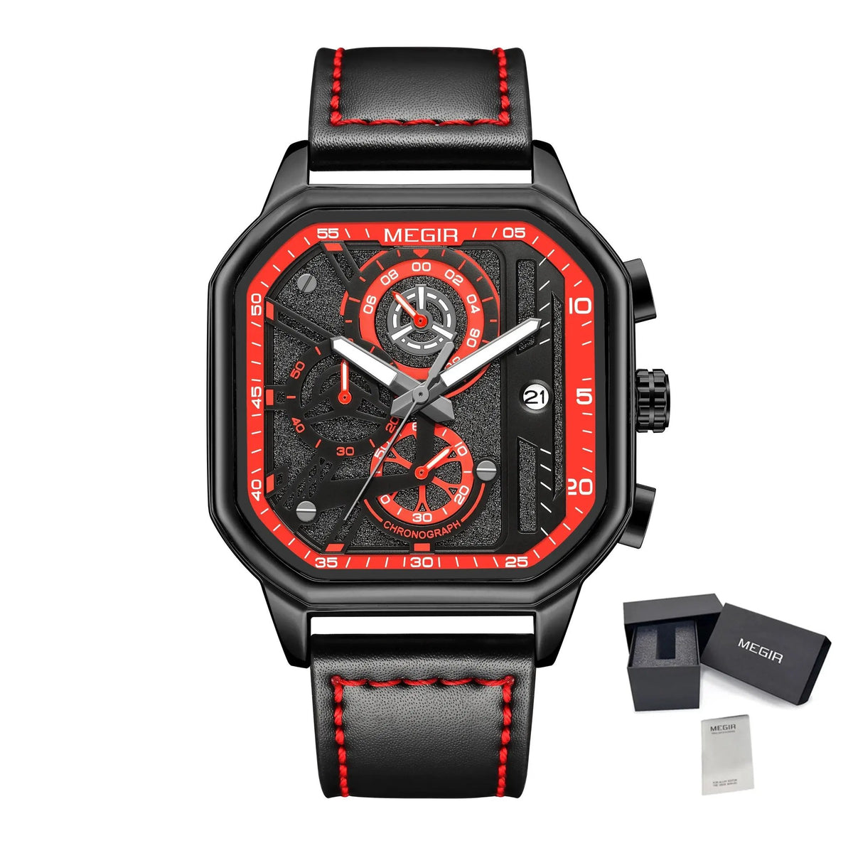 MEGIR Fashion Square Case Men's Sport Watch Quartz Chronograph Luminous Military Wristwatches Luminous Date Clock Reloj Hombre 8106 by MEGIR WATCH GROUP
