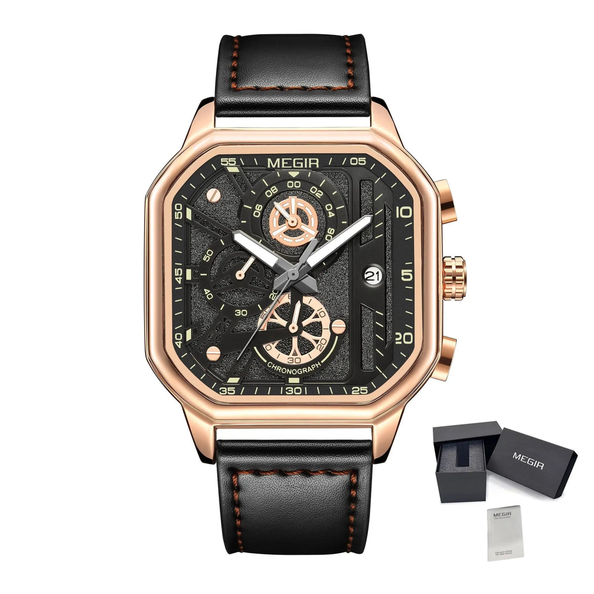 MEGIR Fashion Square Case Men's Sport Watch Quartz Chronograph Luminous Military Wristwatches Luminous Date Clock Reloj Hombre 8106 by MEGIR WATCH GROUP