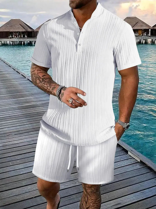 Men's Full Size Button Detail Short Sleeve Top and Shorts Set Plus Size by Trendsi
