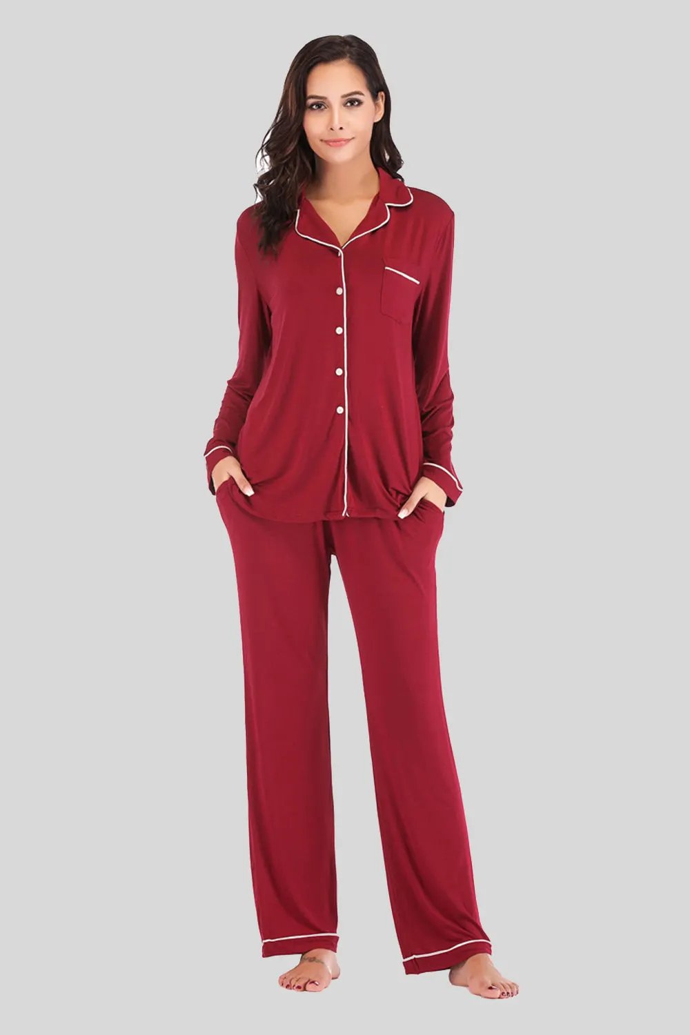 Collared Neck Long Sleeve Loungewear Set with Pockets by Partner Label